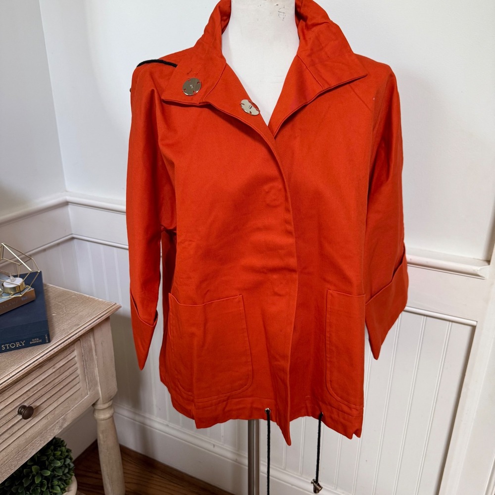 NWT Marla Wynne Women Orange Cotton Poplin Utility Jacket Short Sleeve Size M